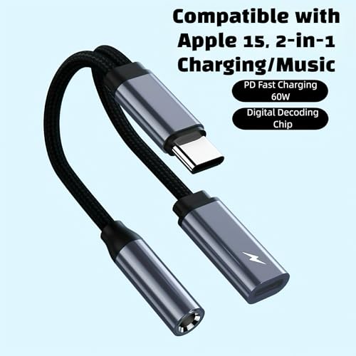 USB C to 3.5mm Audio Adapter with 60W PD Fast Charging, 2-in-1 DAC Audio Converter and Headphone Jack, Compatible with iPhone 15/15 Pro, iPad Pro, Samsung Galaxy, Gaming, Car Aux - size: 1 Pack