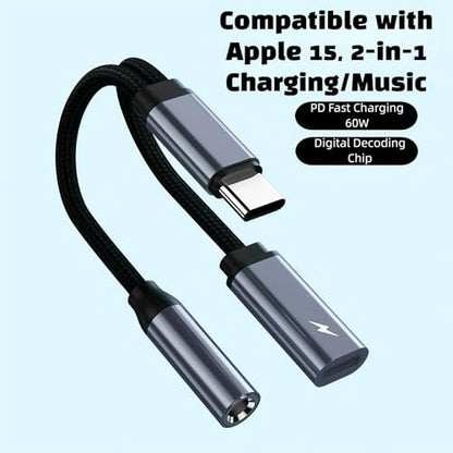 USB C to 3.5mm Audio Adapter with 60W PD Fast Charging, 2-in-1 DAC Audio Converter and Headphone Jack, Compatible with iPhone 15/15 Pro, iPad Pro, Samsung Galaxy, Gaming, Car Aux - size: 1 Pack