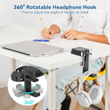 KDD 3 in 1 Headphone Hanger with Cup Holder - Rotatable Headset Hook & Desk Cord Organizer - Suitable for Coffee Mups, Water Cups, Headphone, Charging Cables, Home & Office
