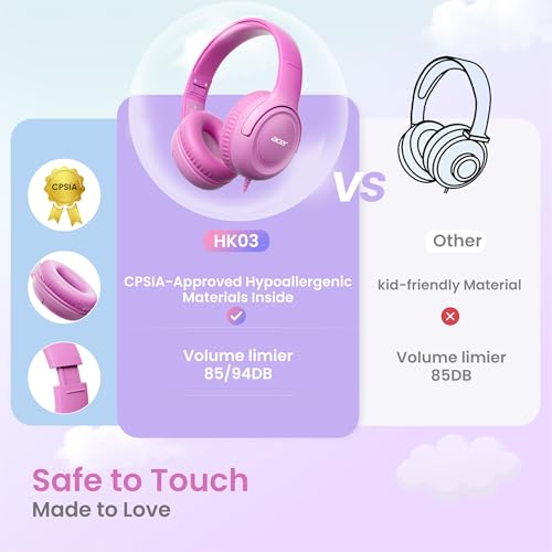 Acer Kids Headphones for School, 85-94dB Limiter, 3.5mm Jack, w/Mic HK03 | Foldable Wired Over Ear Headphones, for Toddler School/Travel/iPad/Tablet, Pink-Gradient - color: Pink Gradient