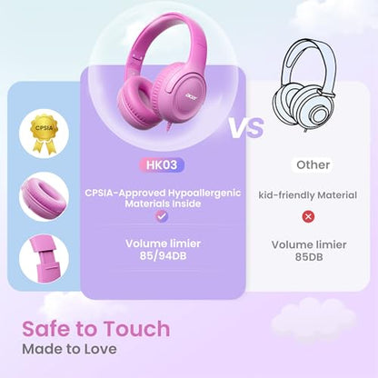 Acer Kids Headphones for School, 85-94dB Limiter, 3.5mm Jack, w/Mic HK03 | Foldable Wired Over Ear Headphones, for Toddler School/Travel/iPad/Tablet, Pink-Gradient - color: Pink Gradient