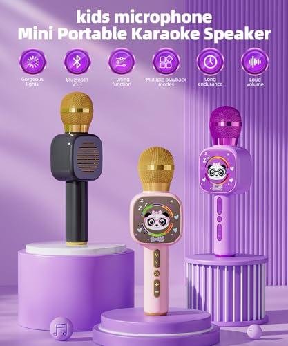 Kids Karaoke Microphone Mini, Bluetooth Voice Changer Toy Ages 3-12, purple | LED Party Lights, Rechargeable Portable, Long Playtime, Duets, BT 5.3, Christmas Birthday Gifts for Toddler Boys & Girls - color: purple - 1