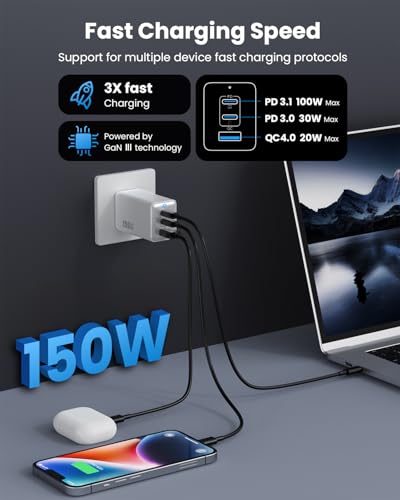 150W USB C Charger Block,GaN III Compact Foldable Wall Charger 3 Port Fast Charging Station,PD QC PPS Portable USB C Hub 100W Laptop Adapter for MacBook Pro/Air,iPad,iPhone 16/Pro,Galaxy S24,Dell etc - color: White