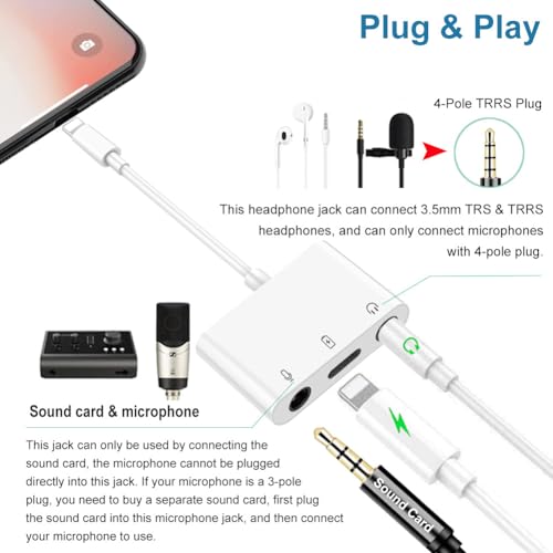 Microphone & 3.5mm Headphone Adapter for iPhone Microphone Adapter for Live-Streaming with Charging Port Lighting to Audio & MIC Adapter Compatible with iPhone/iPad