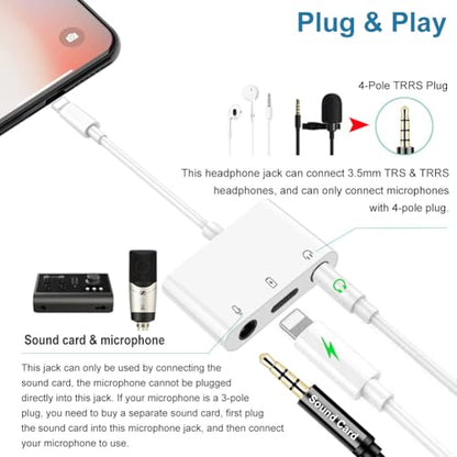Microphone & 3.5mm Headphone Adapter for iPhone Microphone Adapter for Live-Streaming with Charging Port Lighting to Audio & MIC Adapter Compatible with iPhone/iPad