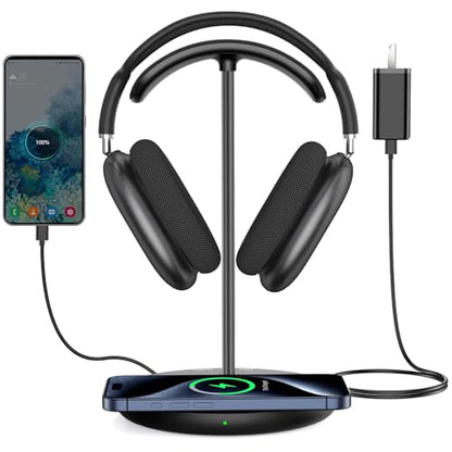 Miroddi Headphone Stand with Wireless Charger, Independent USB Charging Port, 5 in 1 Charging Station Headset Holder Rack for AirPods Max/Pro/4/3/2, iWatch, iPhone, Samsung and Desk Headphones, Black - color: Black-Upgrade