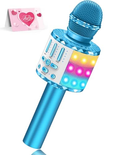 Karaoke Microphone Toys for Kids, Wireless Bluetooth Mic with Lights & Speaker, Portable Home KTV Player System, Perfect Birthday Party for 3-12 Year Old Boys & Girls - color: Blue