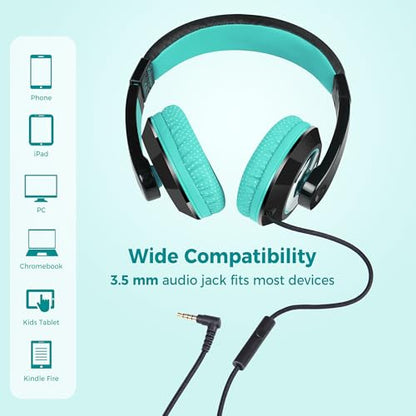 rockpapa Comfort+ Kids Headphones with Microphone, Boys Girls Student Over-Ear Headphones Wired Foldable for School Classroom Laptop PC Computer Tablet Black Teal - color: Teal