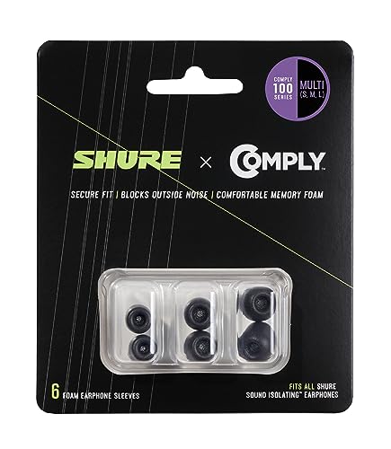 Shure Comply Foam Sleeves 100 Series - Replacement Memory Foam Tips for Shure Sound Isolating Earphones - 6 Pack (3 Pairs), S/M/L, 1 Each (EACYF1-6KIT) - size: S/M/L