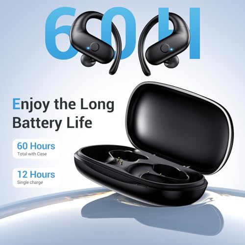 Sport Wireless Earbuds,60Hrs BT5.4 ENC IPX7 Waterproof Earhooks Deep Bass | 14.2mm drivers deliver rich stereo sound. Soft silicone ensures a secure, painless fit for long workouts. - color: Black