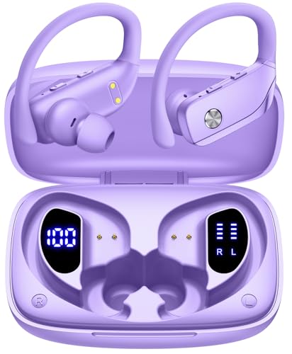 Wireless Earbuds Bluetooth Headphones Over Ear Hooks Ear Buds with 80H Playtime, LED Power Display, Dual Mic Clear Calls, Sports Wireless Ear Buds Bluetooth Earbuds for Running Gym Workout (Purple) - color: Purple