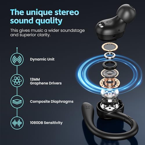 Wireless Earbuds Bluetooth 5.3 Headphones Stereo Ear Buds, ENC Noise Cancelling Mic,IPX7 Waterproof Earphones with Hook for Android iOS Smart Phone Laptop Computer Sports - Black