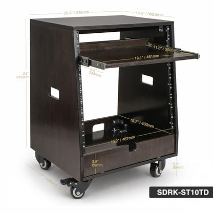 Sound Town DIY Slanted 10U Studio Rack (2U Top + 8U Lower) with 2U Bottom Storage, Slide-Out Tray, Casters, for Home Studio and Recording Room, Birch Plywood, Black Espresso (SDRK-ST10TD) - size: 10u(2u Top + 8u Lower),Black Espresso