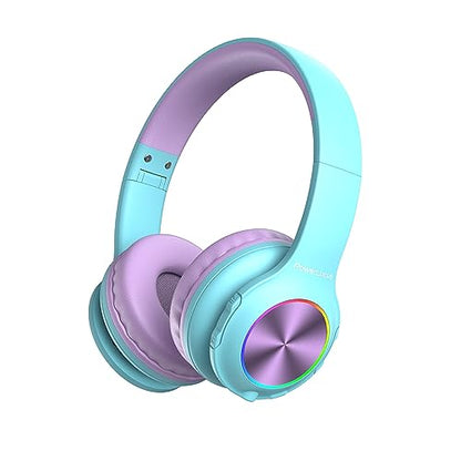 PowerLocus PLED Kids Bluetooth Headphones, Kids Wireless Headphones with LED Lights, 74/85/94dB Safe Volume, Micro SD, AUX Cable, Hi-Fi Stereo, Built-in Mic Over Ear Kid Headphone for Travel/Tablet/PC - color: Teal/Purple