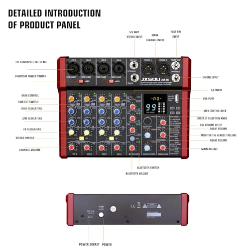 8-Channel Audio Mixer with 99 DSP Effects and 48V Phantom Power | DJ sound board mixer with Bluetooth, USB, XLR input, and stereo mixing for karaoke, studio, PC recording, and live use.