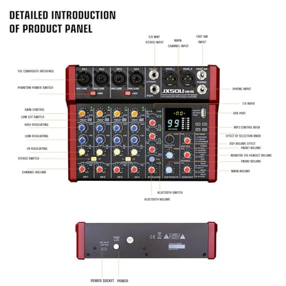 8-Channel Audio Mixer with 99 DSP Effects and 48V Phantom Power | DJ sound board mixer with Bluetooth, USB, XLR input, and stereo mixing for karaoke, studio, PC recording, and live use.