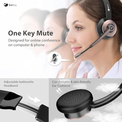 Earbay Wireless Headset, Bluetooth Headset with Microphone Noise Canceling & USB Dongle, Wireless Headphones with Mic Mute/Charge Dock for Remote Work Computer Cell Phone Office Call Meetings Teams