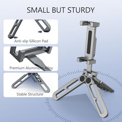 Phone Tripod Stand Foldable, PT-05 Pocket Cell Phone Tripod Mount Handle Smartphone Desk Stand Travel All in One Vlog Video Aluminium 2 Cold Shoe Small Size Lightweight Portable Stick
