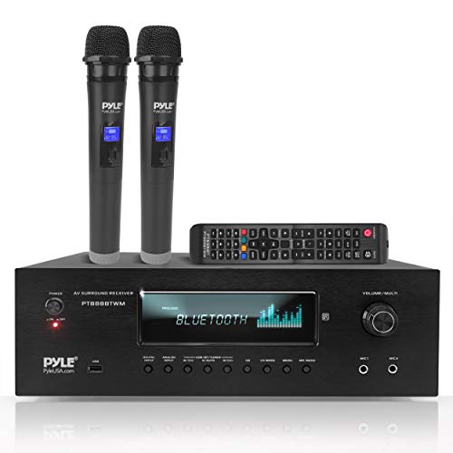 Pyle 1000W Bluetooth Home Theater Karaoke Receiver - 5.2-Ch Stereo Amplifier 2 UHF Wireless Microphone Video Pass-Through Supports, MP3/USB/HDMI/AM/FM Radio - Pyle PT888BTWM.5