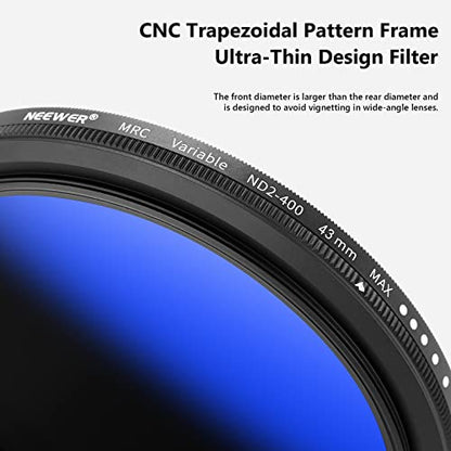 NEEWER 43mm MRC Variable ND Filter ND2-ND400, Neutral Density Adjustable ND Filter (0.3 to 2.7,1 to 9 Stops), Multi Layer Coated Optical Glass, Water Repellent & Scratch Resistant Ultra Slim Filter - size: 43mm