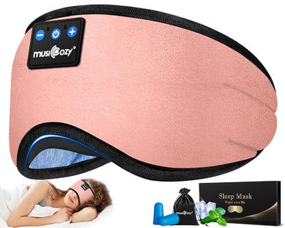 MUSICOZY Sleep Headphones Bluetooth 5.4 Sleep Eye Mask with HD Speakers | Soft Cotton Fabric, Flat Design, 14 Hours Playtime, Washable Headband Style for Side Sleepers, Travel Meditation Relaxation - color: Pink