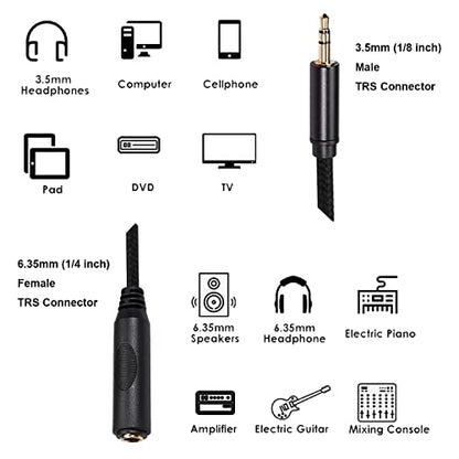 WISYIFIL 1/4 to 3.5mm Cable 1ft Long, Quarter inch (6.35mm) Female to 3.5mm Male Adapter, 1/8 to 1/4 Stereo Audio Cable,for Headphone, Amplifiers, Guitar, Amp etc. Nylon Braided Cable, 2-Pack
