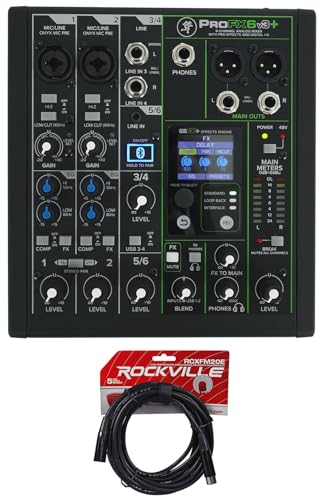 Audiosavings Bundle: (1) Mackie ProFX6v3+ 6-Channel Analog Mixer w/Enhanced FX/USB Recording/Bluetooth Bundle With (1) Rockville RCXFM20E-B 20 Foot Female to Male XLR Mic Cable Black 100% Copper