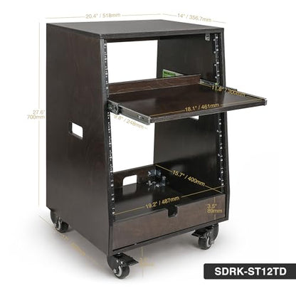Sound Town DIY Slanted 12U Studio Rack (4U Top + 8U Lower) with 2U Bottom Storage, Slide-Out Tray, Casters, for Home Studio and Recording Room, Birch Plywood, Black Espresso (SDRK-ST12TD) - size: 12u(4u Top + 8u Lower),Black Espresso
