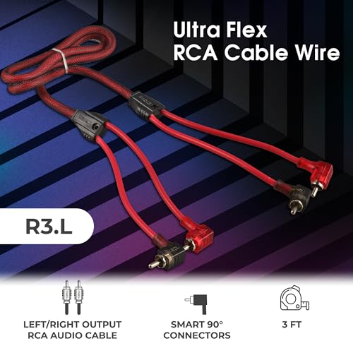 DS18 R3.L 100% Oxygen Free Copper OFC Ultra Flex 2-Channel RCA with 90 Degree Ends - Dual Twist Wire Noise Reducing Audio Cable for Amplifiers, Subwoofers, Speakers - 3 FT
