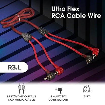 DS18 R3.L 100% Oxygen Free Copper OFC Ultra Flex 2-Channel RCA with 90 Degree Ends - Dual Twist Wire Noise Reducing Audio Cable for Amplifiers, Subwoofers, Speakers - 3 FT
