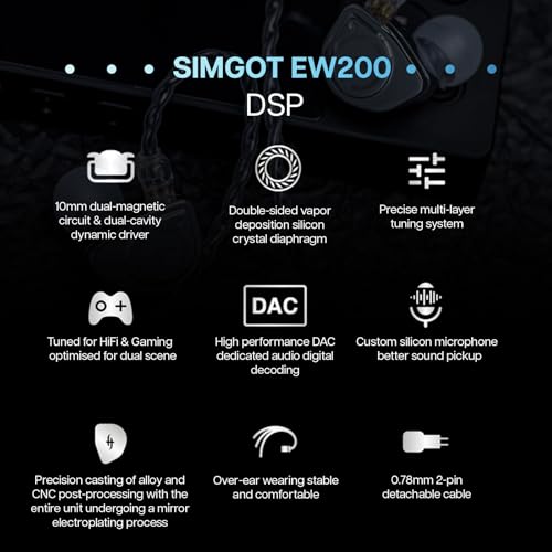 Linsoul SIMGOT EW200 10mm SCP Diaphragm Dynamic Driver IEM in-Ear Earphones | with All Metal Body, Detachable 0.78mm 2pin Silver-Plated OFC Cable for Audiophiles Musicians, Type-C DSP with Mic - style: EW200 DSP