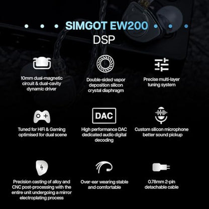 Linsoul SIMGOT EW200 10mm SCP Diaphragm Dynamic Driver IEM in-Ear Earphones | with All Metal Body, Detachable 0.78mm 2pin Silver-Plated OFC Cable for Audiophiles Musicians, Type-C DSP with Mic - style: EW200 DSP