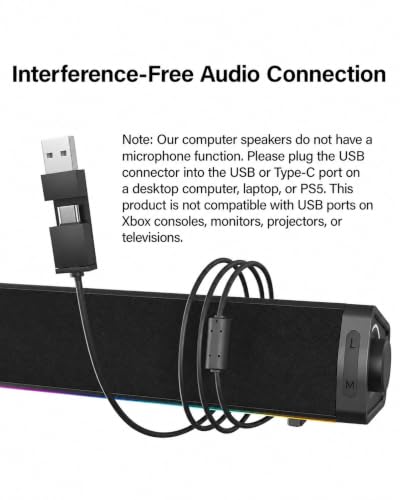Computer Speakers for Desktop PC, RGB Gaming Soundbar with 3 Sound Modes | Desktop Monitor Speakers with Enhanced Bass, Headphone Jack, and USB-C/USB-A adapter for Windows, Mac, and PS5. Plug and Play