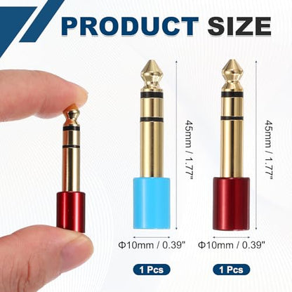 MECCANIXITY 2Pcs TRS 6.35mm Male to 3.5mm Female 1/4" Plug to 1/8" Blue/Red | Stereo Headphone Adapter, Jack, Audio Converter, Pure Copper, Gold Plated, for Guitars Speakers Computers - color: Blue/Red
