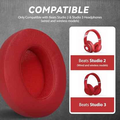 Aurivor Studio 3 Replacement Ear Pads for Beats Studio 3/2 Headphones, Cushions Earpads with Premium Protein Leather, Softer Memory Foam, Stronger Adhesive (Red) - color: Red