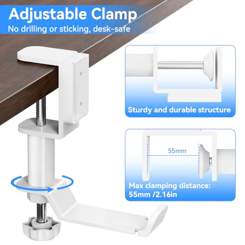 Desk Cup Holder Clamp with Headphone Hanger and Storage Tray | Clamp on design, rotating headphone hanger, detachable storage tray, cable holes, fits 5-50mm desks - color: White
