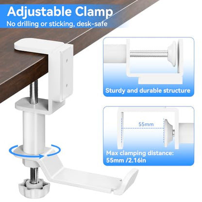 Desk Cup Holder Clamp with Headphone Hanger and Storage Tray | Clamp on design, rotating headphone hanger, detachable storage tray, cable holes, fits 5-50mm desks - color: White