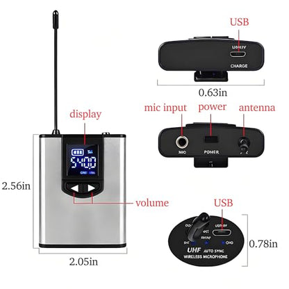 Wireless Lapel Microphone, UHF Lavalier Microphone System, Clip-on Lapel Mic with Bodypack Transmitter, Headset Mic, Receiver for Vlogging, Singing, 1/4" Output