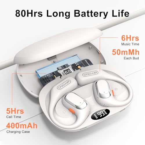 X52 Open Ear Headphones, Bluetooth 6.0 | Wireless Earbuds with Earhooks, Anti-Accidental Touch, LED Display, 30H Playtime, Sport Headphones for Running Workout, White - color: White