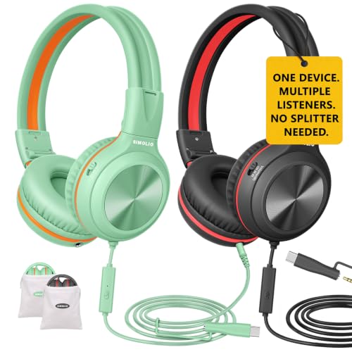 SIMOLIO 2 Pack Wired Headphones with Share Port, USB C to 3.5mm Dongle, MIC | Manyshare Series, 3-Level Volume Limiter, Passive Noise Cancelling, Foldable Over-Ear Headset for School Travel Adult iPad PC - color: Sleek Black & Fresh Green USB C&3.5mm