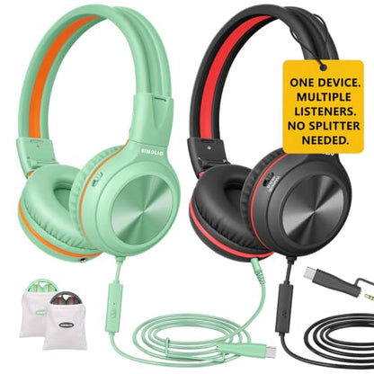 SIMOLIO 2 Pack Wired Headphones with Share Port, USB C to 3.5mm Dongle, MIC | Manyshare Series, 3-Level Volume Limiter, Passive Noise Cancelling, Foldable Over-Ear Headset for School Travel Adult iPad PC - color: Sleek Black & Fresh Green USB C&3.5mm