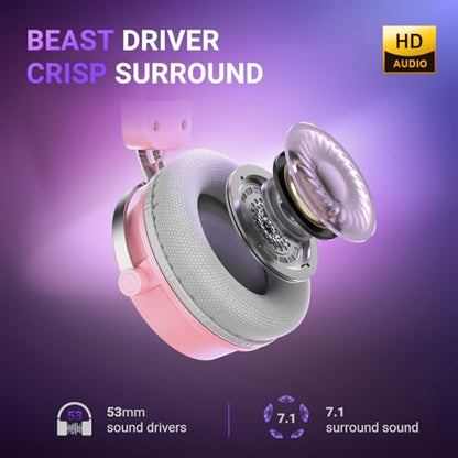 FIFINE USB Gaming Headset with Open Back Design, 7.1 Virtual Surround Sound, 53mm Dynamic Drivers, RGB Headphone with Handy Control Box, Detachable Boom Mic for PC, PS5, PS4, Laptop, Mac - H19P - color: Pink