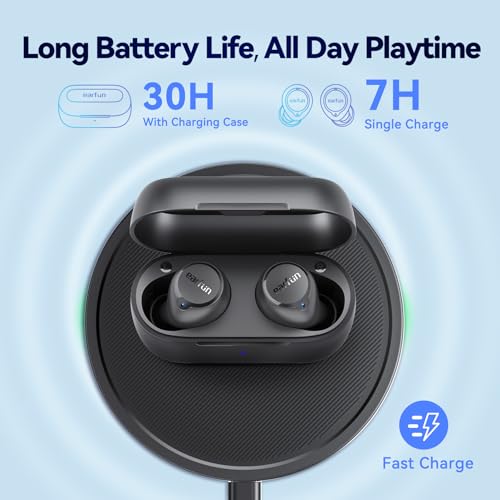 EarFun Free 2S Wireless Earbuds, Bluetooth Earbuds with Deep Bass | 4 Mics for Clear Call, Customizable EQ App, IPX7 Waterproof in-Ear Headphones, 30H Playtime, Wireless Charging - color: Black