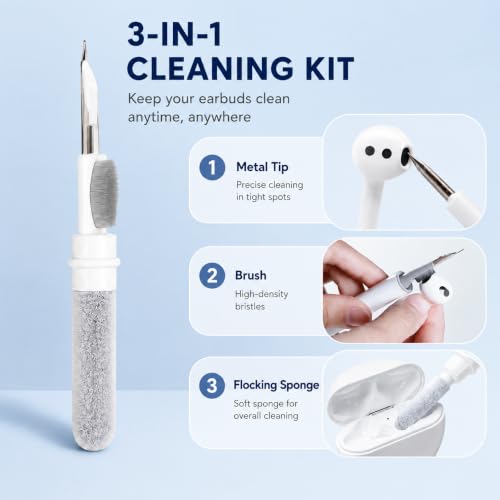 3 in 1 Earbud Cleaning Pen with Brush, Sponge and Metal Tip, White - color: White
