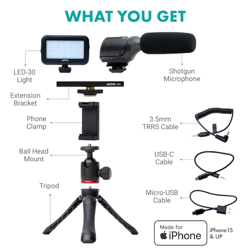 Movo USB-C Vlogging Kit for iPhone 15/16 - Phone Video Kit Accessories: Phone Tripod, Phone Mount, LED Light and Shotgun Microphone - Youtube Starter Kit for Content Creation, TikTok, Podcasts - size: USB-C