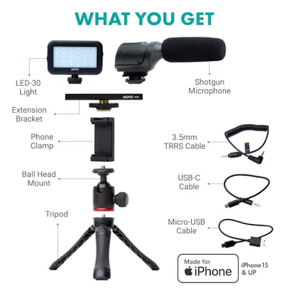 Movo USB-C Vlogging Kit for iPhone 15/16 - Phone Video Kit Accessories: Phone Tripod, Phone Mount, LED Light and Shotgun Microphone - Youtube Starter Kit for Content Creation, TikTok, Podcasts - size: USB-C