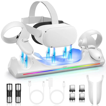 Hurra Charging Dock for Meta Quest 2, Support LED Indicator | VR Charging Station for Oculus Quest 2 Magnetic Charging, with 2 Rechargeable Batteries, USB-C Charger & Cable