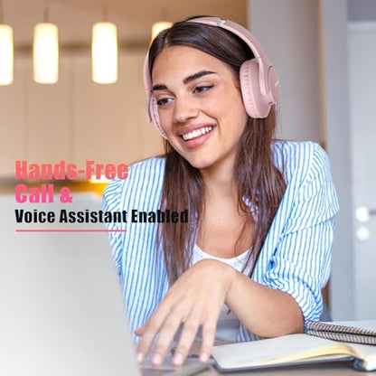 KVIDIO Bluetooth Headphones Wireless Over Ear Headsets 65H Playtime | Deep Bass, HiFi Stereo, Bluetooth 6.0, Microphone, Comfortable Fit, Foldable, Lightweight, Low Latency for Travel Home Office - color: Pink