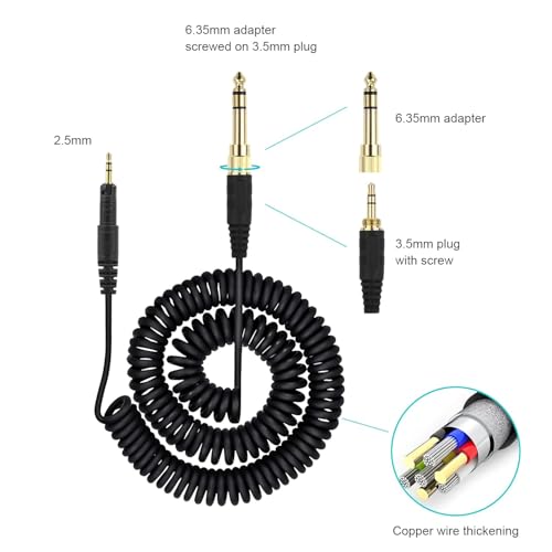 Coiled Audio Cable for ATH-M50x M40x M70x M60x Headphones– Replacement AUX Cord with 6.35mm Adapter