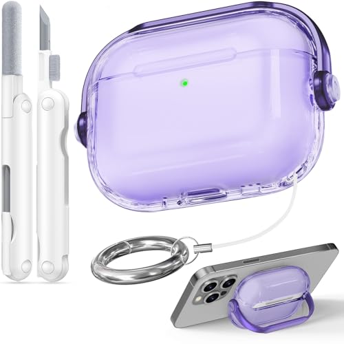 Case for Apple Airpods Pro 3 (Clear Purple) | with Safety Lock, Phone Holder Function, High-Transparency TPU Material, with Portable Hook, Multifunctional Cleaning Tool - color: AA-Clear Purple, size: Airpods Pro 3 (2025)